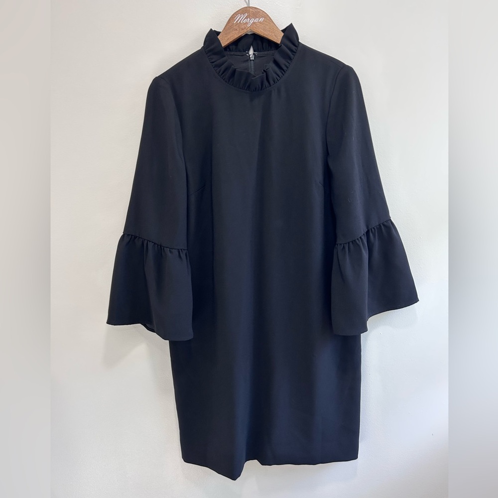 J. Crew NWT Ruffle Neck Shift Dress 365 Crepe Black Women's Bell Sleeve Size 10